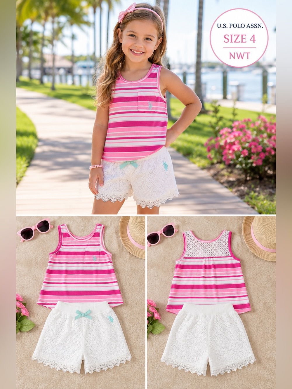U.S. Polo Assn Girls 2 PC Outfit Set size 4 NWT Tank Top Lace Shorts pink white